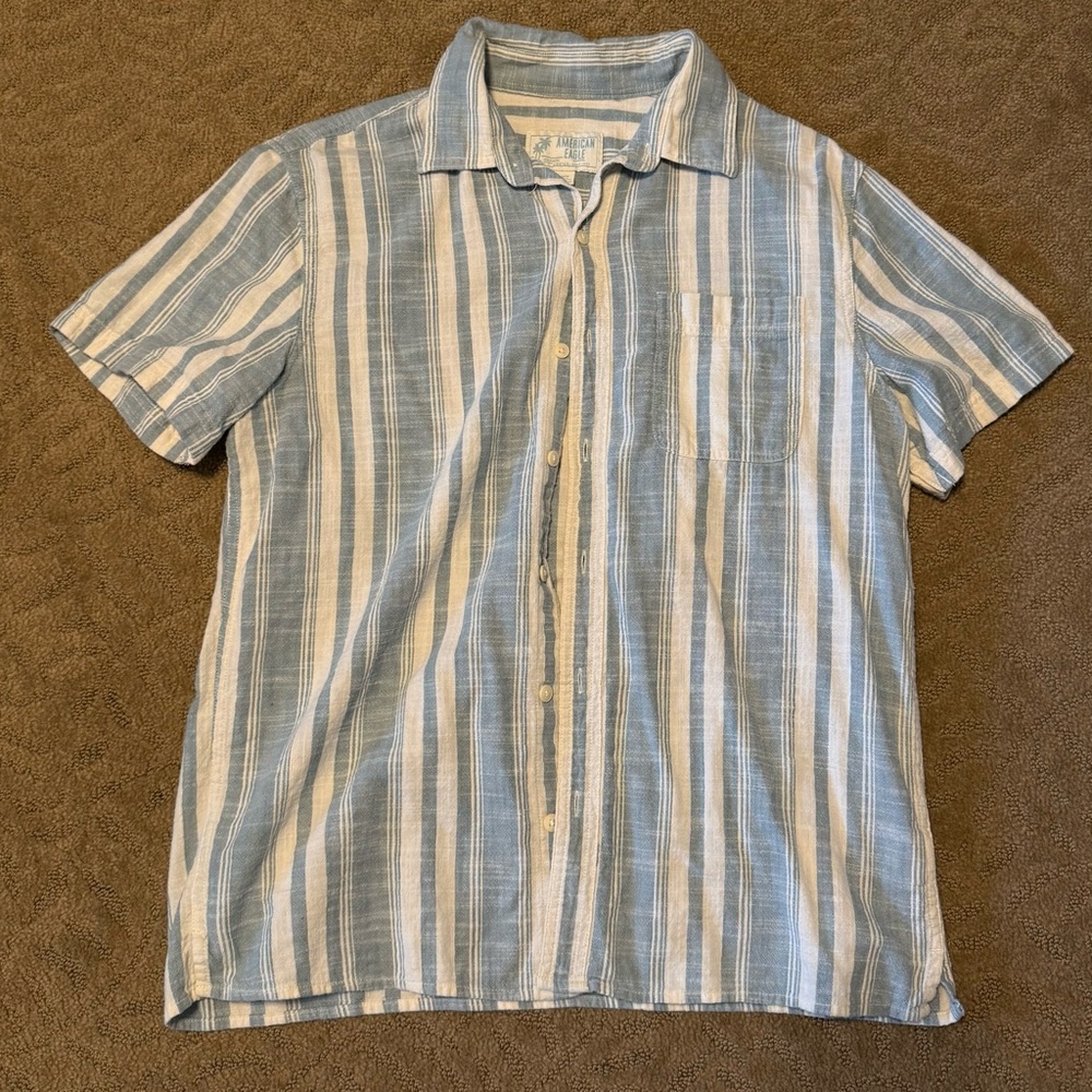 American Eagle Outfitters Light Blue and White Striped Shirt